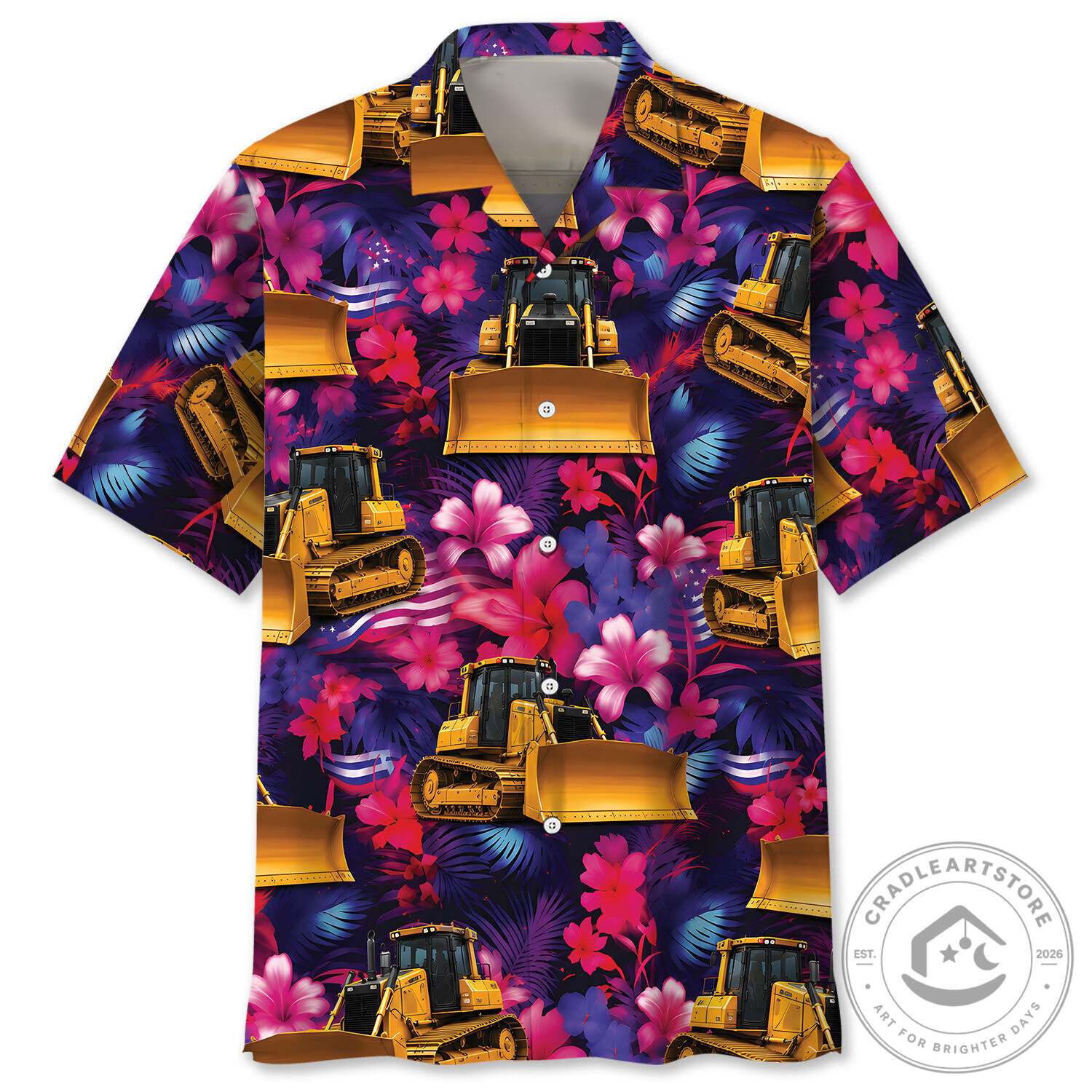 Funny Bulldozer Tropical Floral Hawaiian Shirt