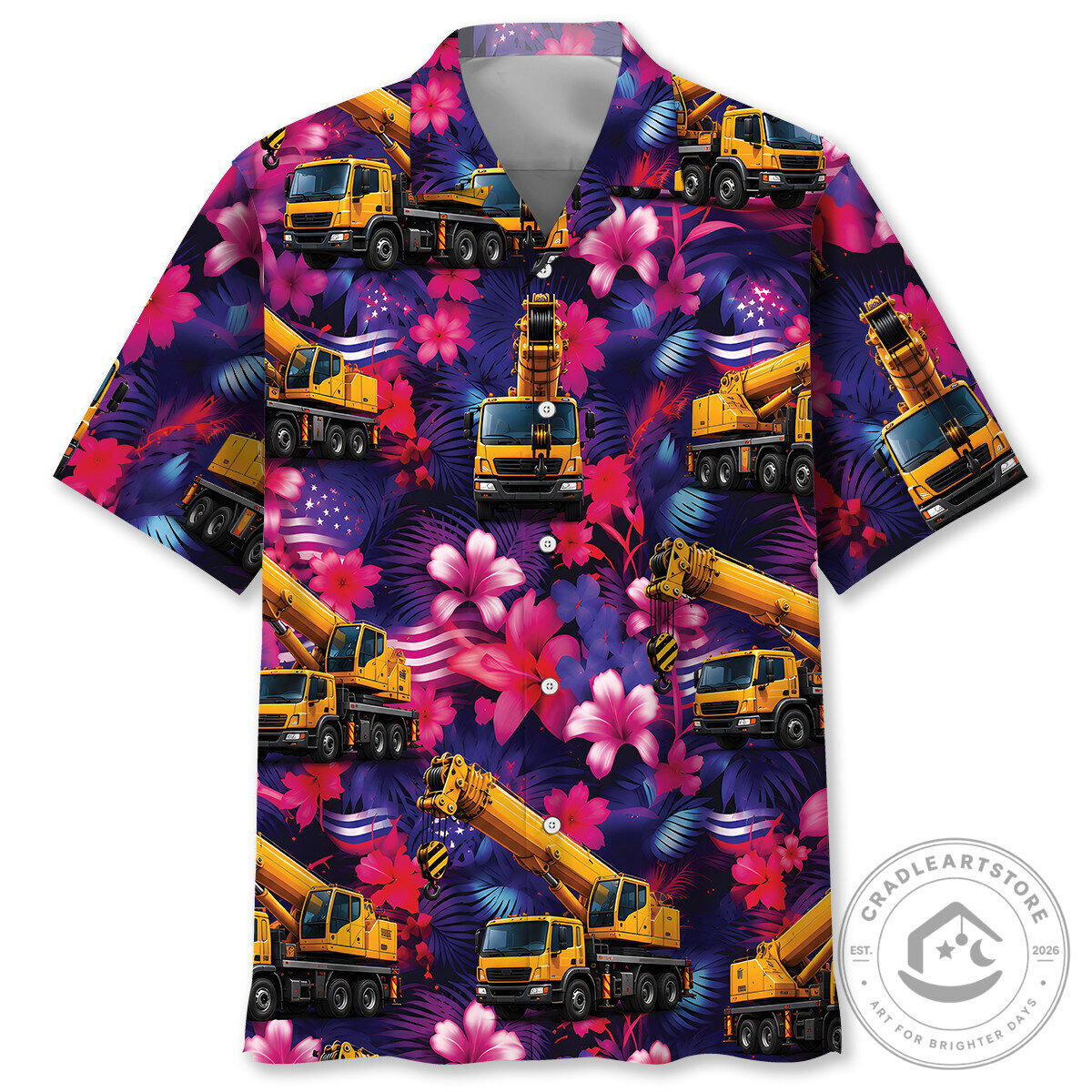 Construction Crane Tropical Floral Pattern Hawaiian Shirt