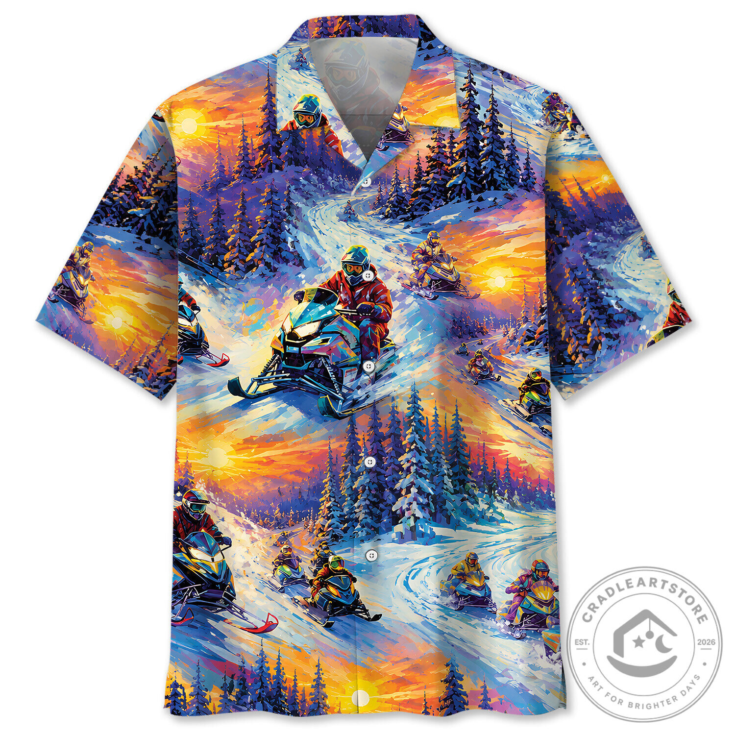 Snowmobile Racing Winter Sunset Landscape Hawaiian Shirt