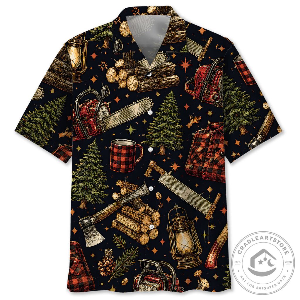 Vintage Lumberjack Chainsaw Axe Pine Tree Pattern Hawaiian Shirt Vintage Lumberjack Chainsaw Axe Pine Tree Pattern Hawaiian Shirt