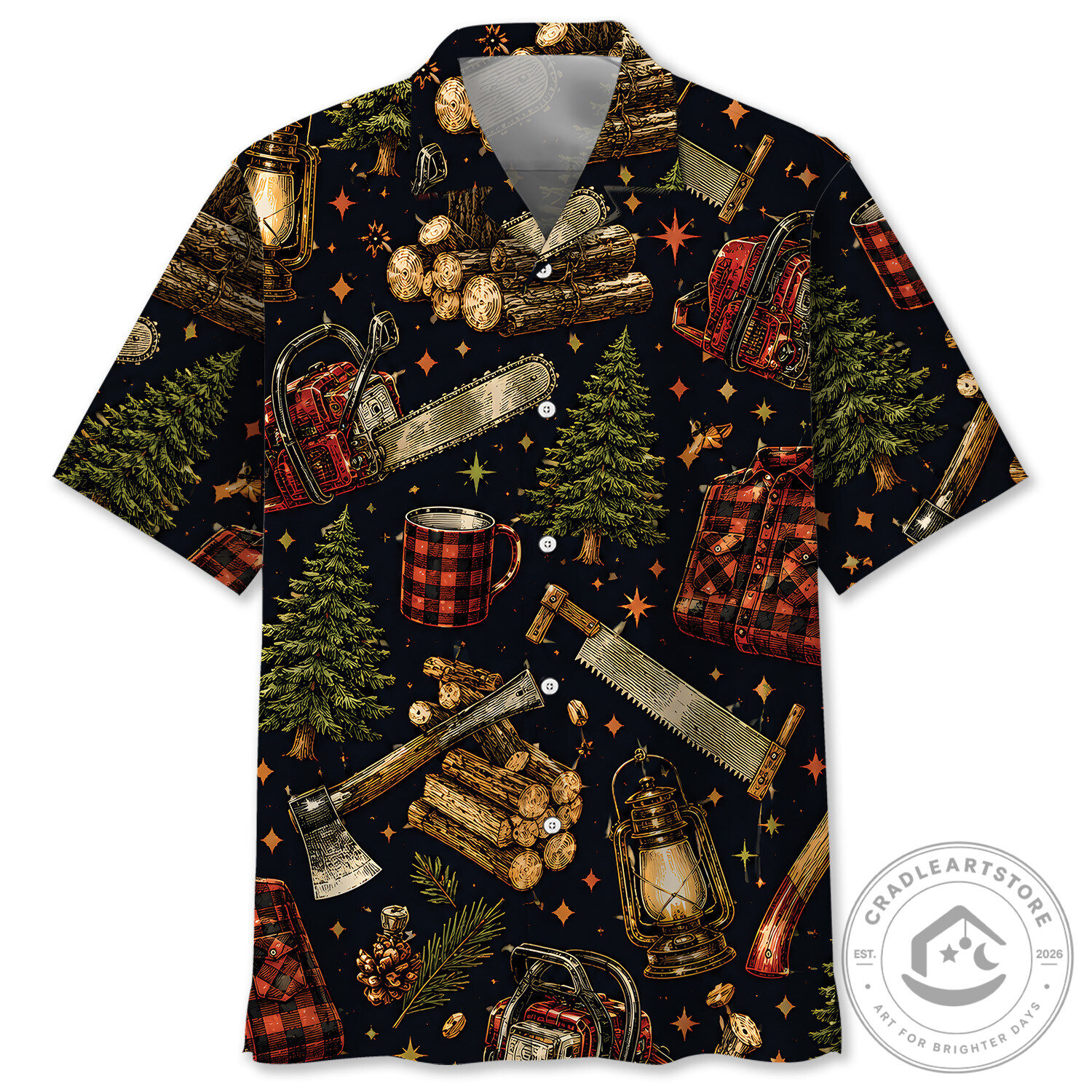 Vintage Lumberjack Chainsaw Axe Pine Tree Pattern Hawaiian Shirt