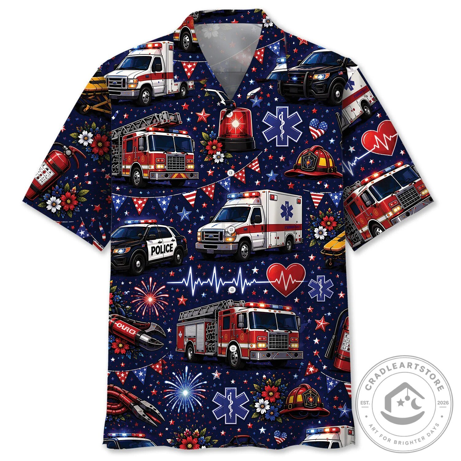 First Responder Emergency Services Vehicles Patriotic American Flag Hawaiian Shirt
