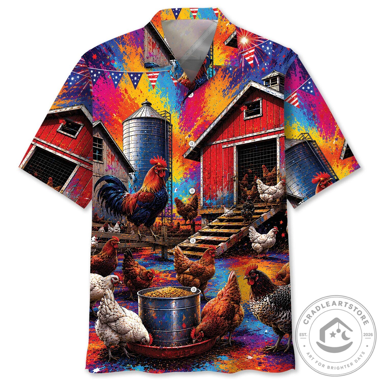 Vibrant Chicken Farm Patriotic Barnyard Hawaiian Shirt