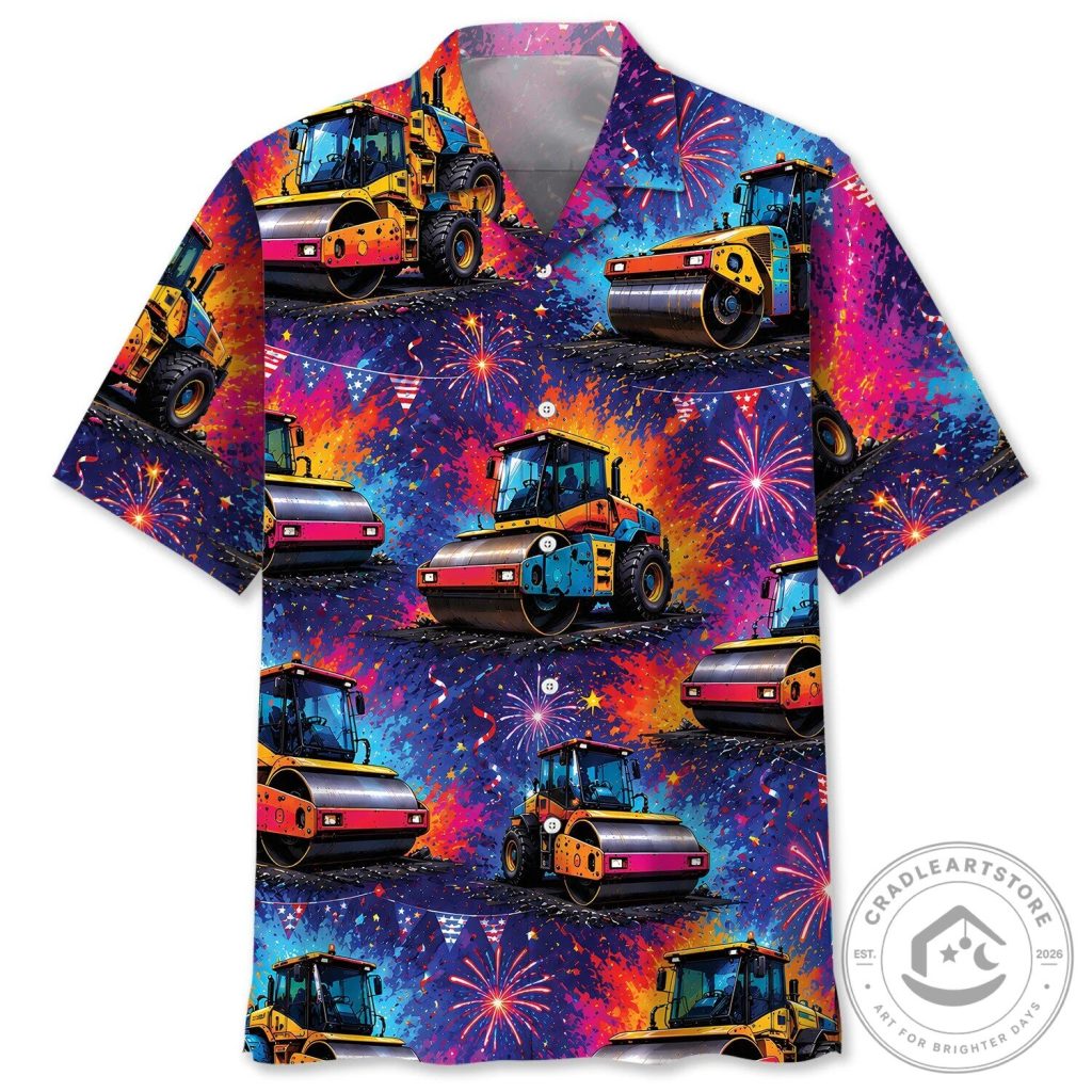 Construction Road Roller Truck Fireworks Hawaiian Shirt