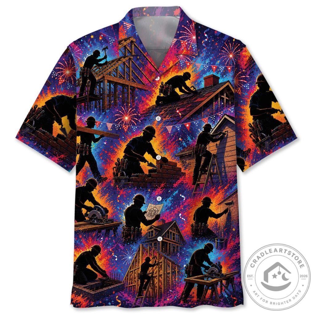 Construction Worker Silhouette Fireworks Hawaiian Shirt