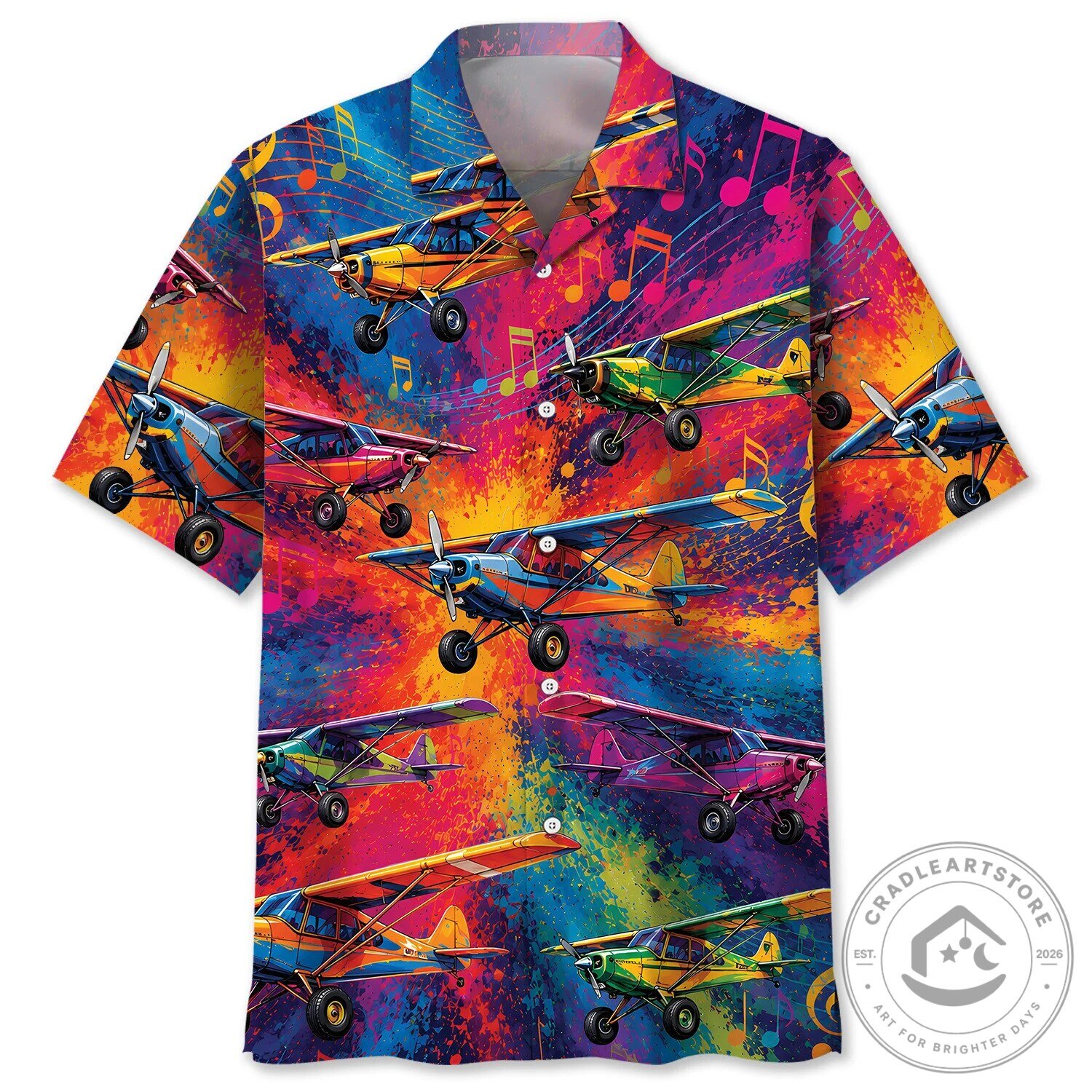 Colorful Bush Planes Vintage Art Hawaiian Shirt with Music Notes