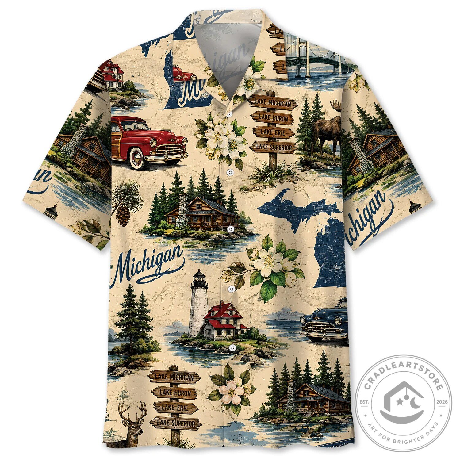 Vintage Michigan State Map Nature Scenery Travel Vacation Hawaiian Shirt