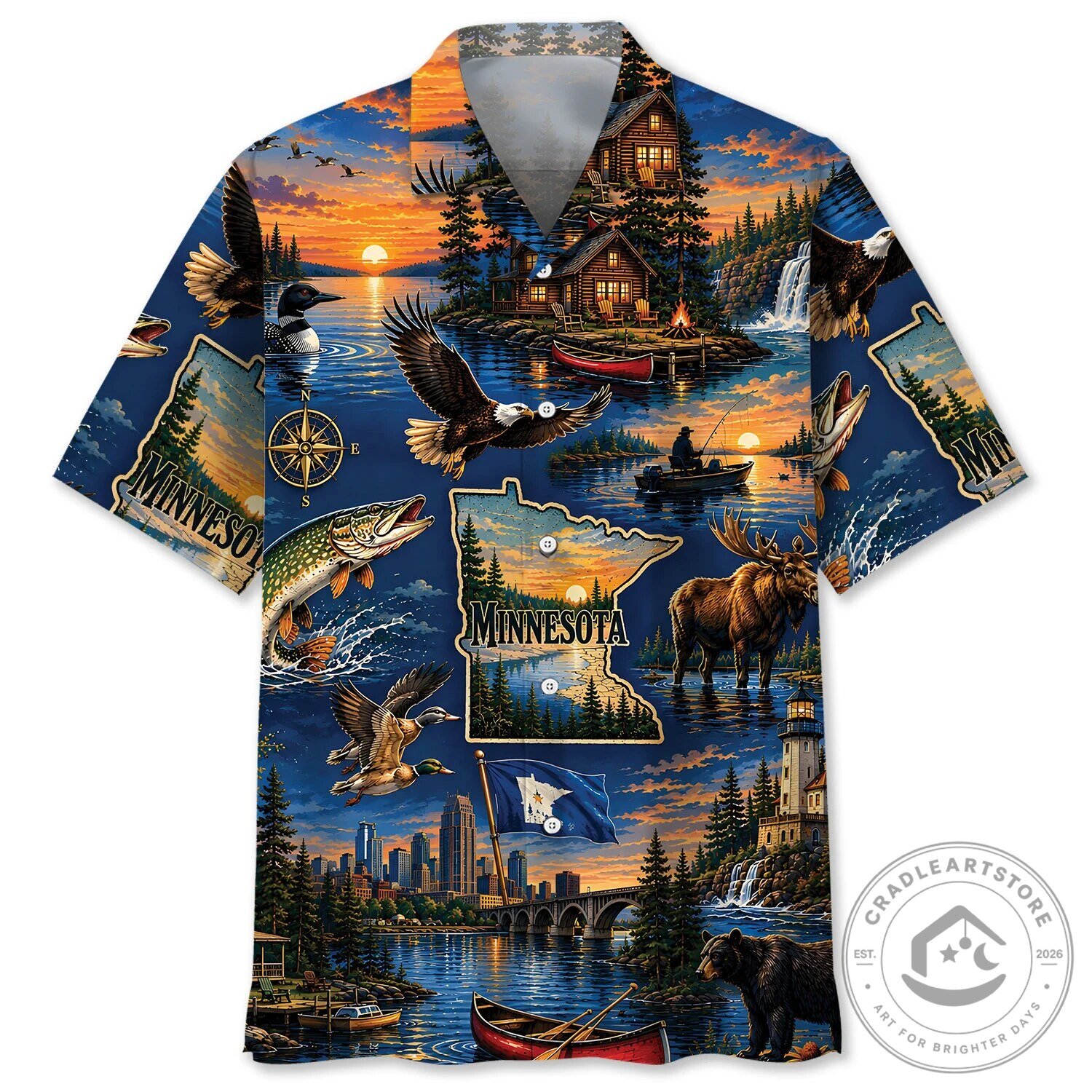 Minnesota State Wildlife Sunset Lake Scene Hawaiian Shirt for Men