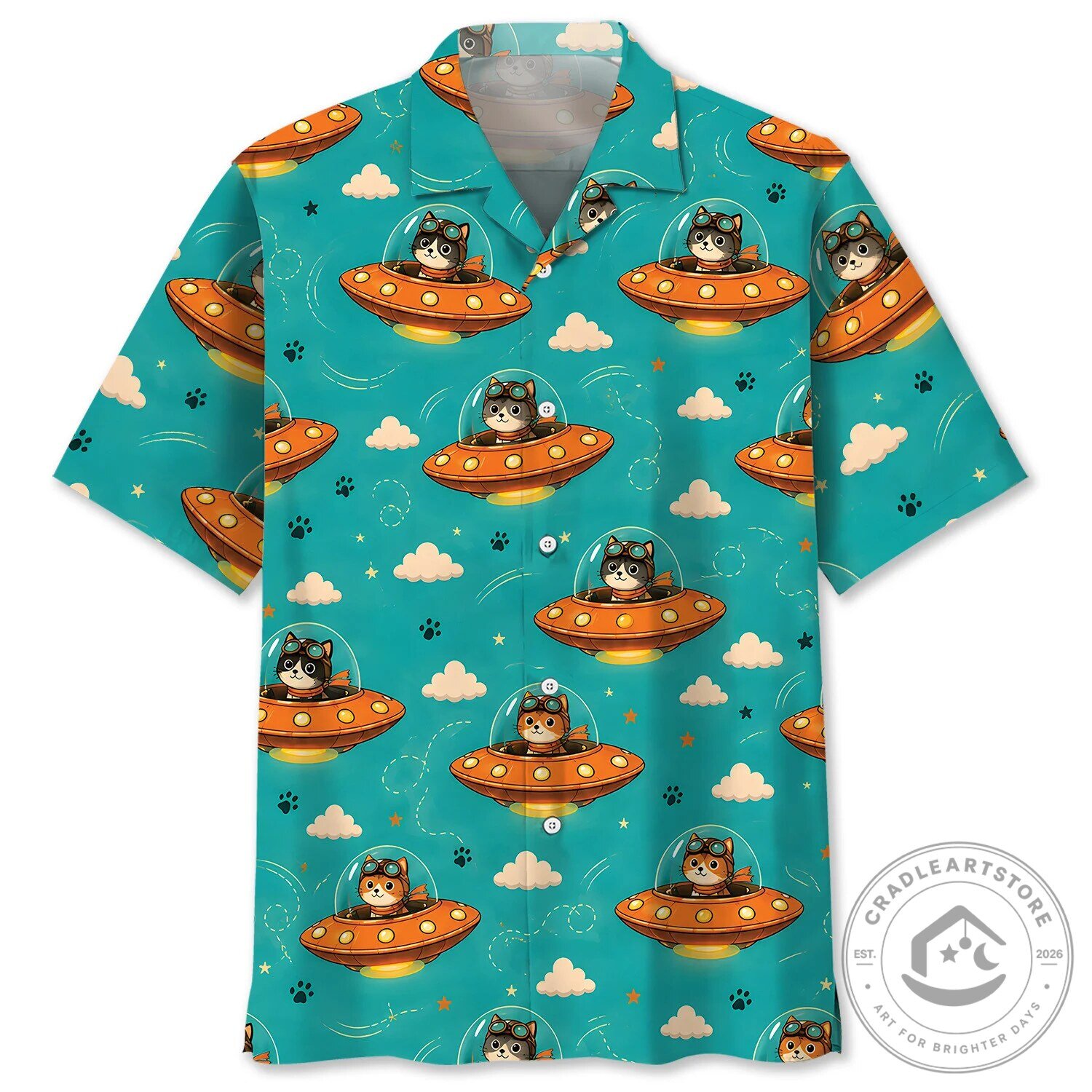 Cute Cat UFO Space Pattern Hawaiian Shirt for Men and Women