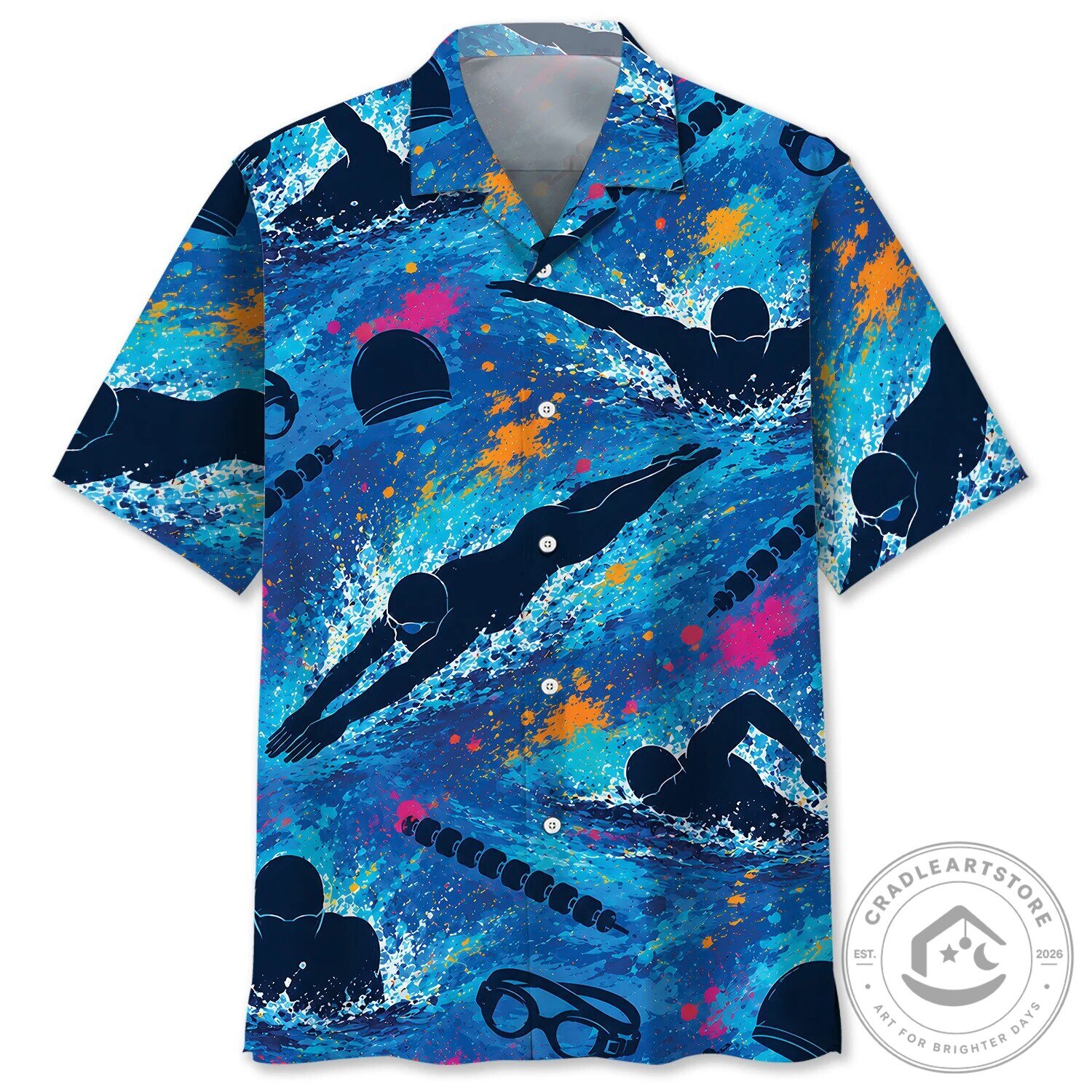Swimming Sport Silhouette Blue Splatter Hawaiian Shirt