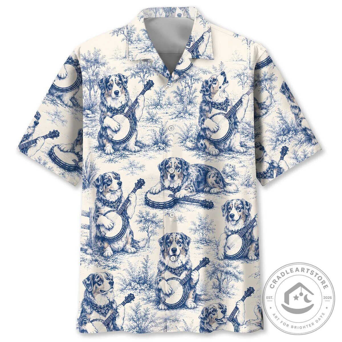 Funny Dog Shirt Blue and White Australian Shepherd Playing Banjo Hawaiian Shirt