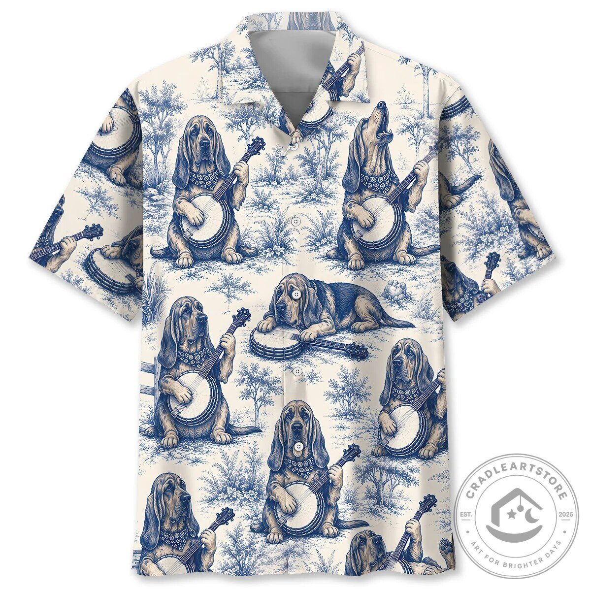 Funny Dog Shirt Blue and White Bloodhound Playing Banjo Hawaiian Shirt