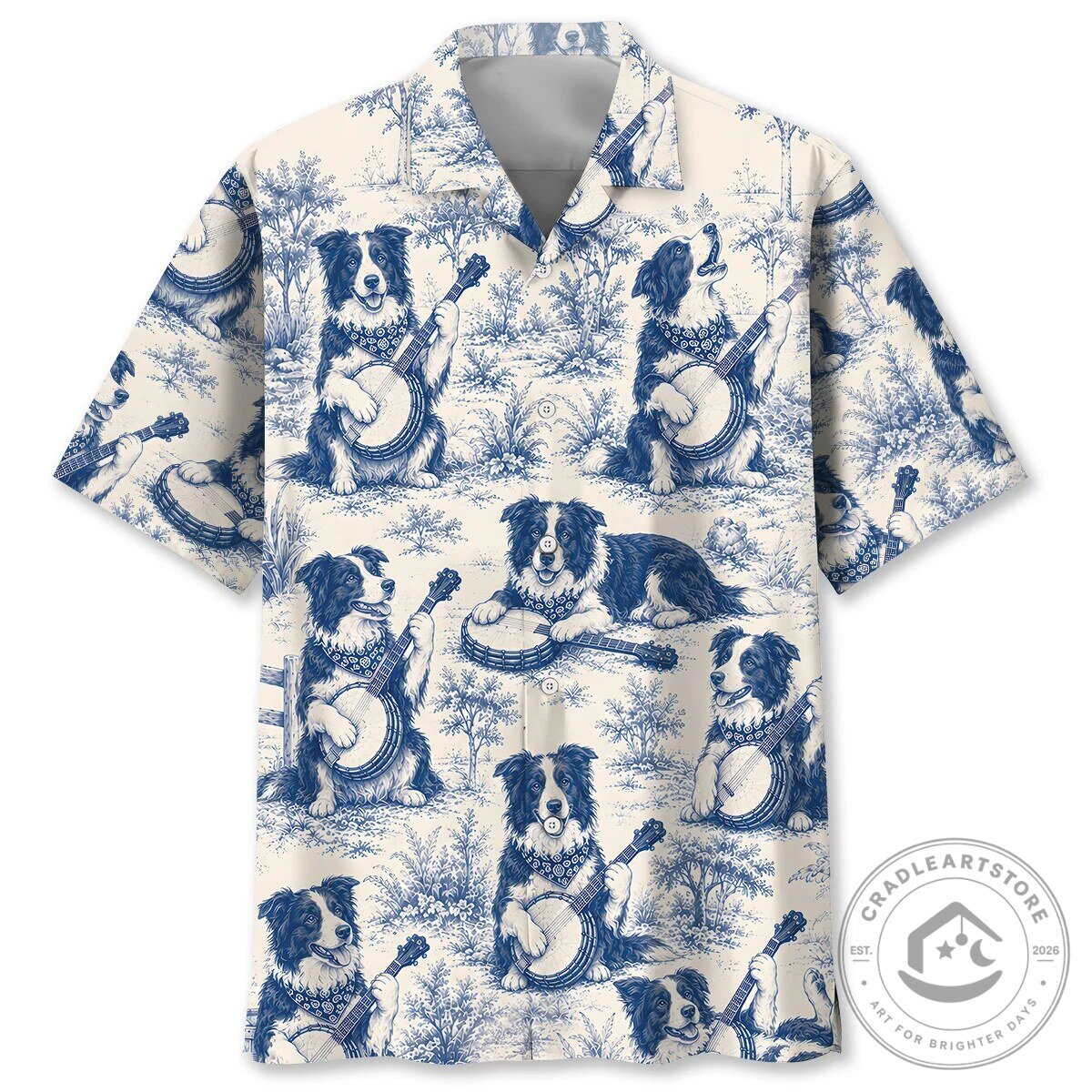 Funny Dog Shirt Border Collie Playing Banjo Blue Hawaiian Shirt