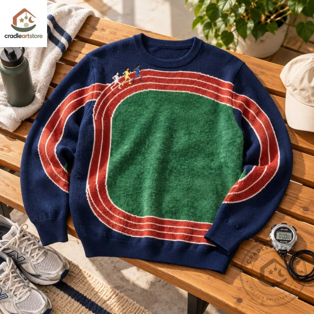 Running Track Field Graphic Navy Funny Knit Sweater